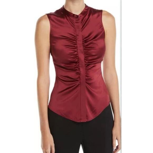 Theory Luxury Satin Ruched Fitted Sleeveless Button Down Top - Large - Picture 7 of 7